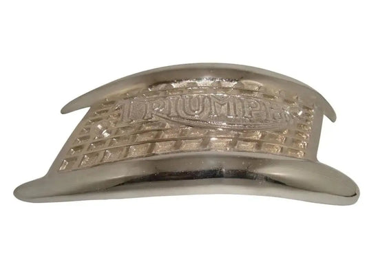 Triumph metal tank badge, chrome silver with embossed Triumph lettering