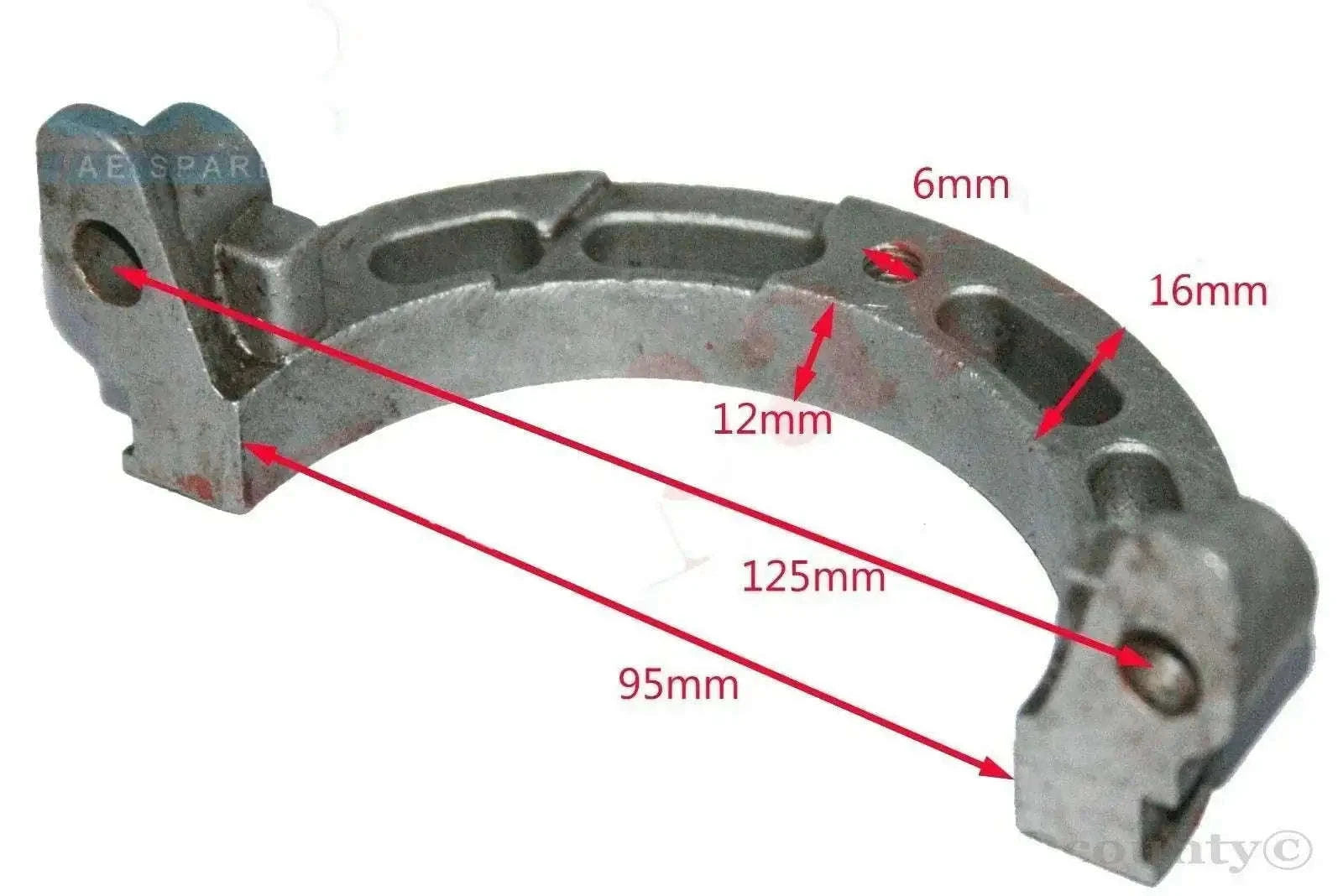 Metal timing bridge piece with two mounting tabs and bolt holes, curved bracket shape