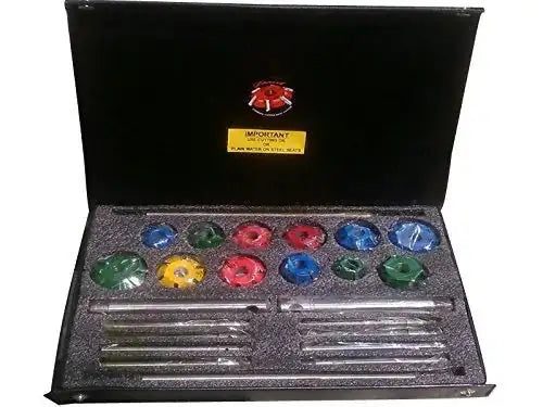 12-piece valve seat cutter set with colored carbide tips in foam tray