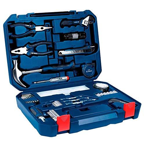 Blue hand tool kit in plastic case with screw bits, hammer, wrench, and tools