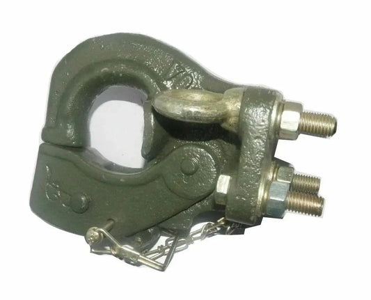 Tow hook for pintle hitch, green steel with U-shaped eye and threaded bolts
