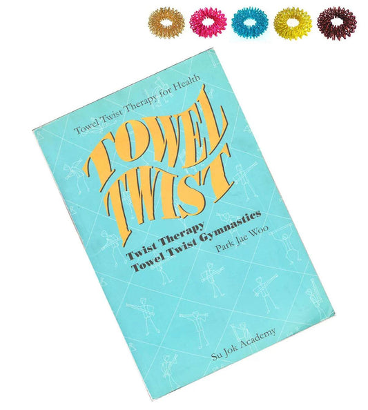 Towel Twist therapy book featuring exercises for health and well-being with illustrations and colorful accessories