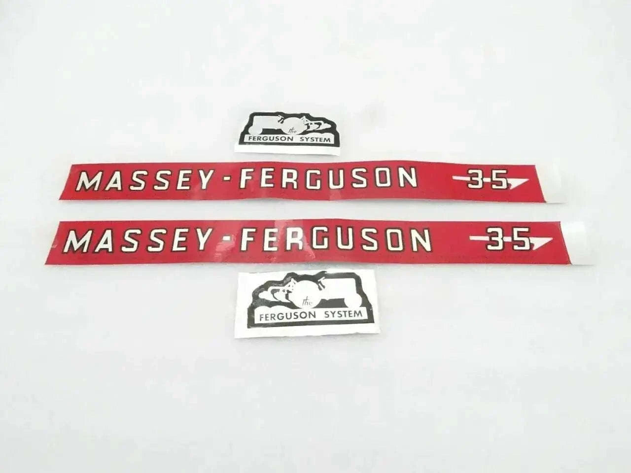 Tractor bonnet decal set: red and white MASSEY-FERGUSON 3-5 stripes with Ferguson logo