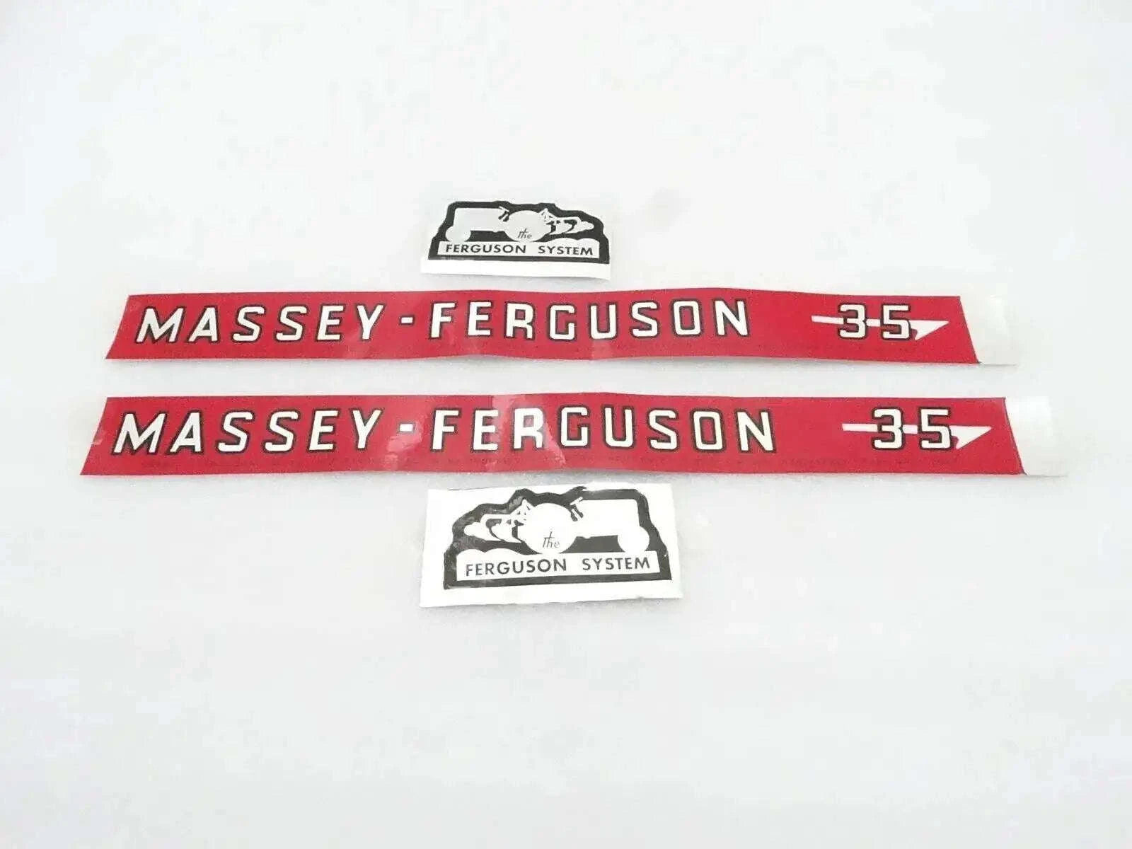 Tractor bonnet decal set with red Massey-Ferguson stripes and Ferguson system badge