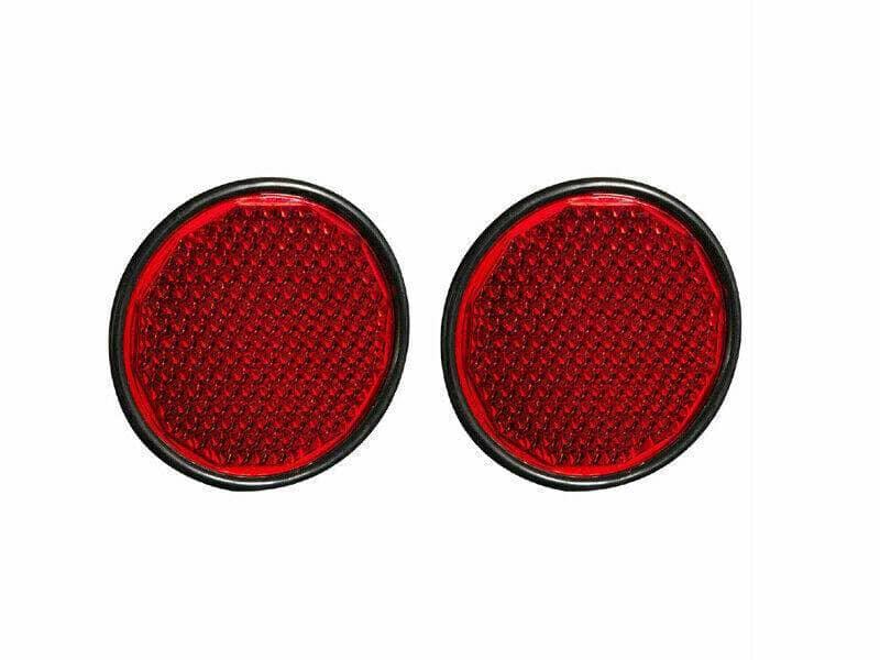Set of two round red tractor trailer reflectors, durable plastic, enhances visibility for safety