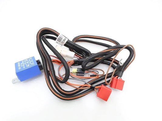 12V headlight relay wiring harness with black braided wires, blue relay module, red plugs