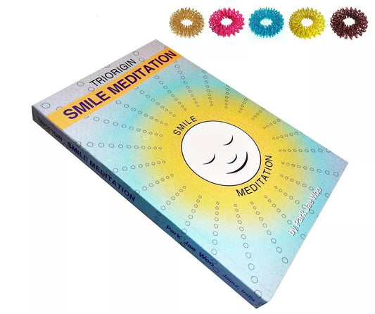 Triorigin Smile Meditation book with colorful elastic bands and a smiling meditation illustration on the cover