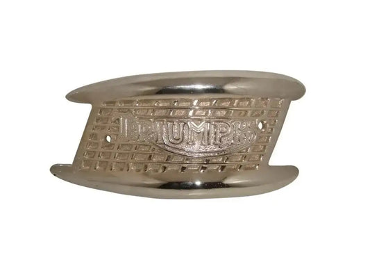 Vintage Triumph tank badge, oval brass with embossed TRIUMPH lettering and metal rim