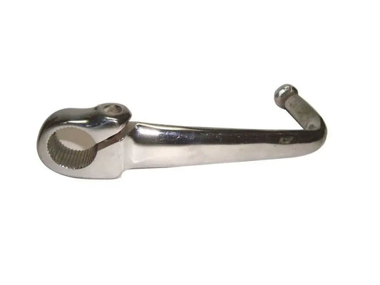 Chrome metal gear change lever with textured mounting collar and curved handle