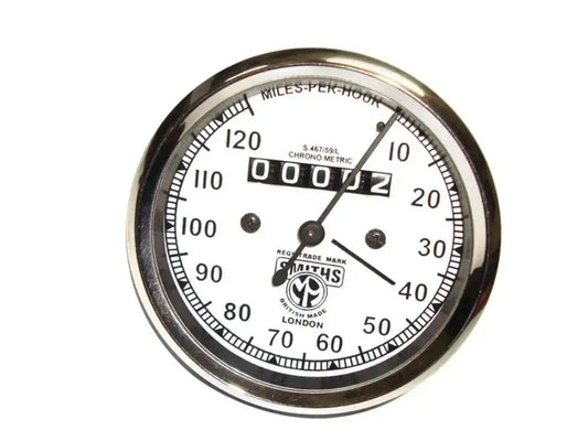 Smiths replica speedometer dial, 0–120 mph, black numerals on white face