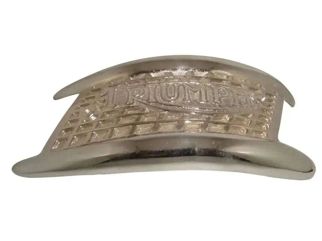 Triumph mouthorgan tank badge with chromed finish, arched metal crest