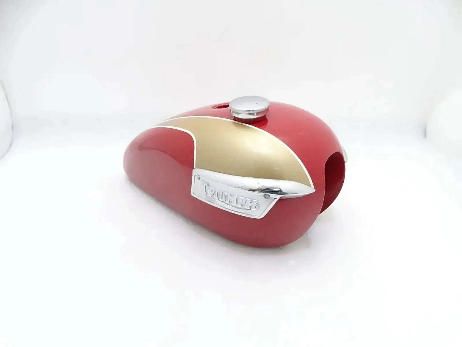 TRIUMPH T140 OIF FUEL TANK GOLDEN & RED PAINTED + CAP + BADGES - StellerGear