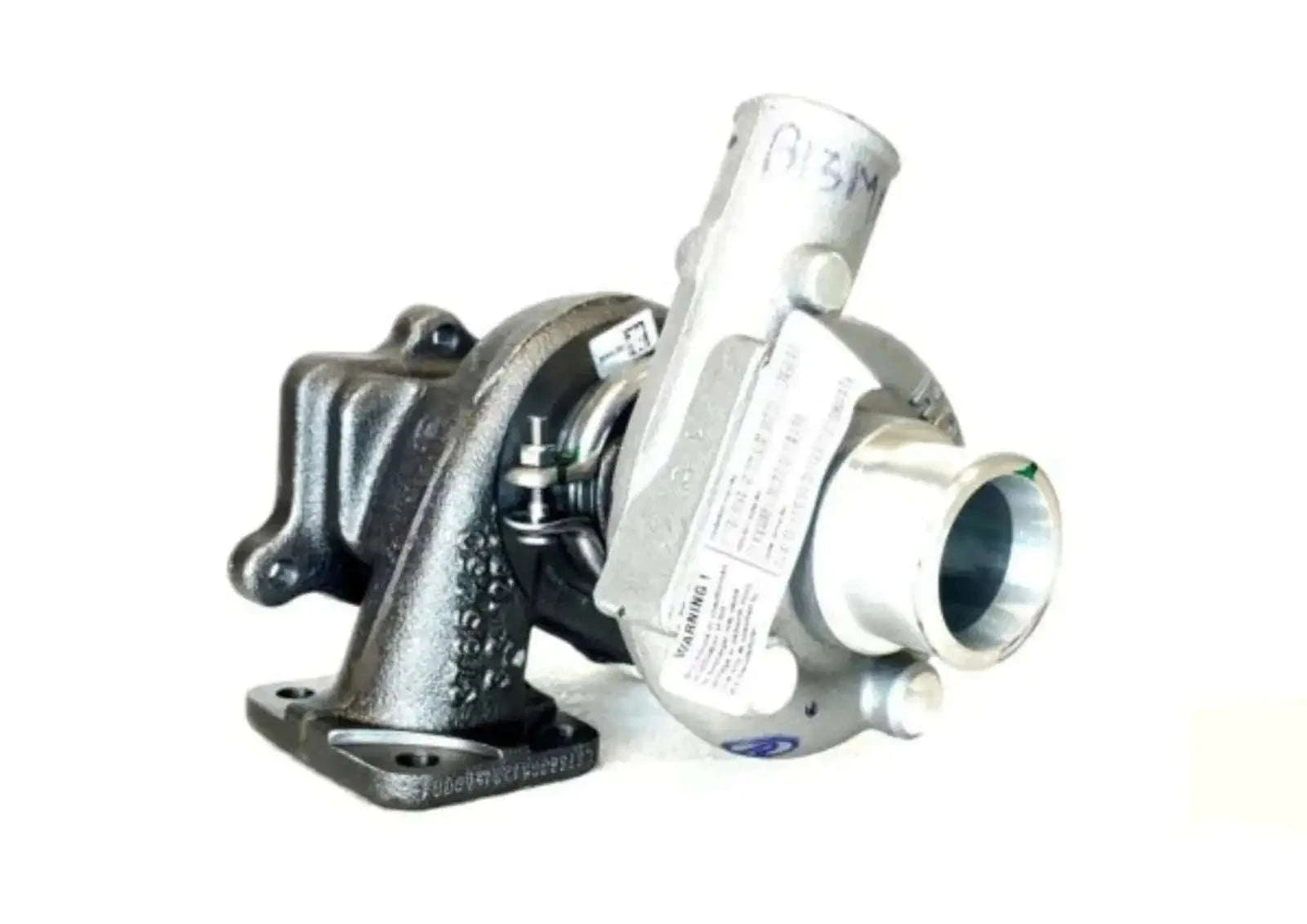 Turbo charger assembly with metal housing and inlet pipe, angled side view