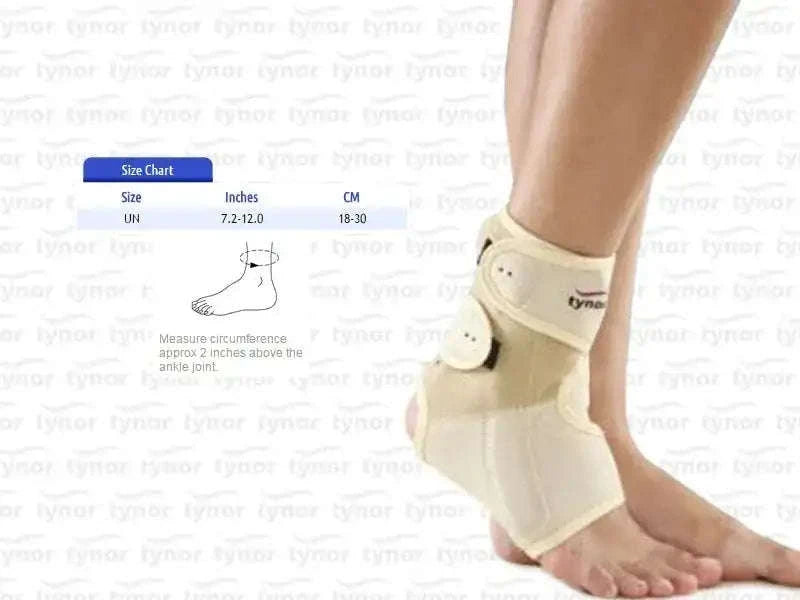 Tynor ankle support brace with adjustable straps, cream color, worn on foot/ankle