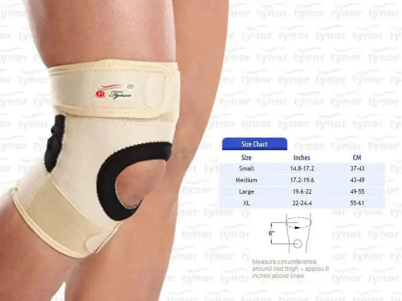 Beige neoprene knee support with black wrap pad and adjustable strap, medium