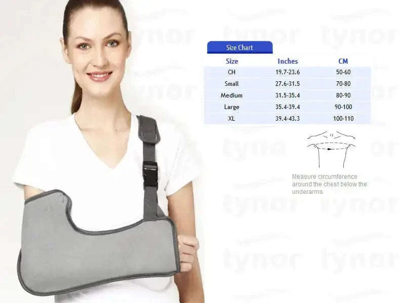 Tynor pouch arm sling with gray padded support and shoulder strap, worn on arm