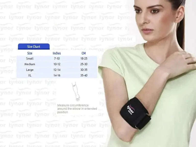Elbow support strap brace, black, with adjustable strap on upper arm
