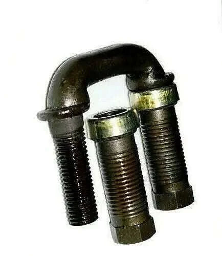 Metal U-shackle pair with threaded ends and curved U-bolt hardware