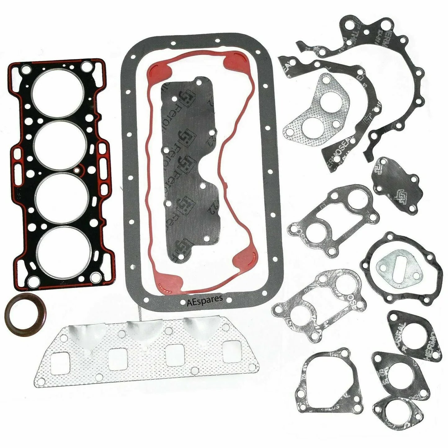 Engine gasket kit with assorted gaskets and gaskets sheets, black seals, red