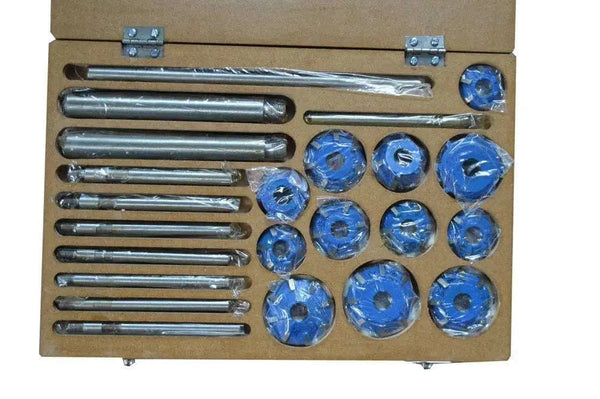 Carbide tipped valve seat cutter set in cardboard case with blue cutter heads