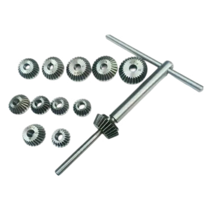 Valve seat face cutter set, carbon steel: serrated cutter wheels with crossed guide shafts