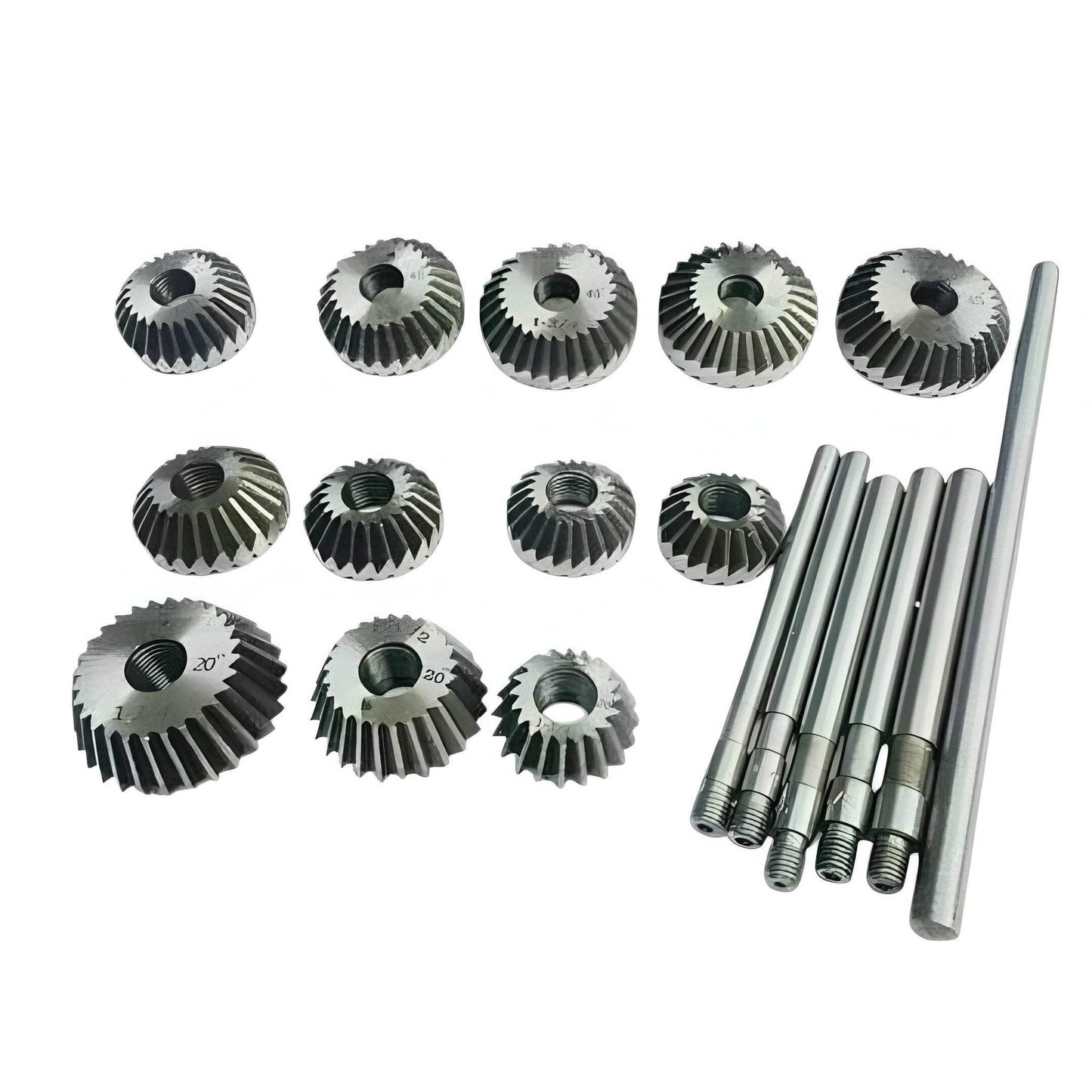 Valve seat face cutter set, carbon steel: 12 serrated cutter heads and guide shafts