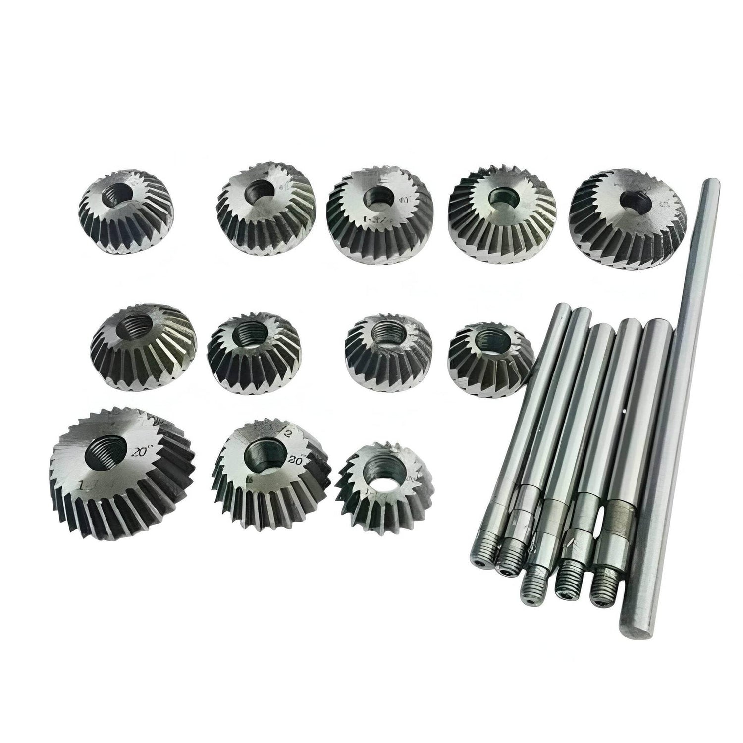 Valve seat face cutter set, carbon steel: 12 serrated cutter heads and guide shafts
