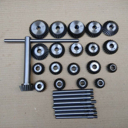 Valve seat cutter set includes various sizes of cutting tools for precision machining and automotive repair