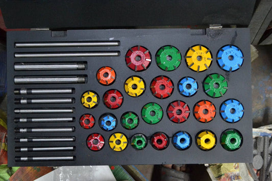 37pcs VALVE SEAT CUTTER SET organized in a black storage case with various colored cutters and rods