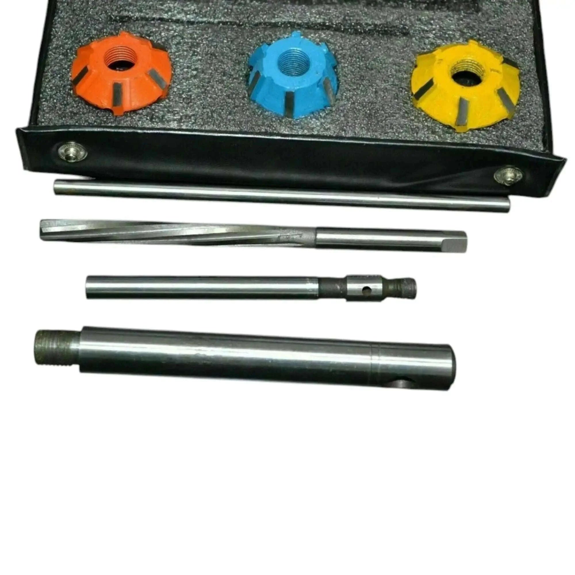 Carbide valve seat cutter set with three cutter sizes, steel body and precision tools for automotive applications