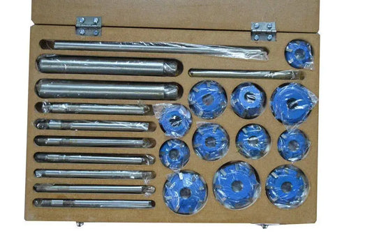 Carbide tipped valve seat cutter set in cardboard case with blue cutter heads