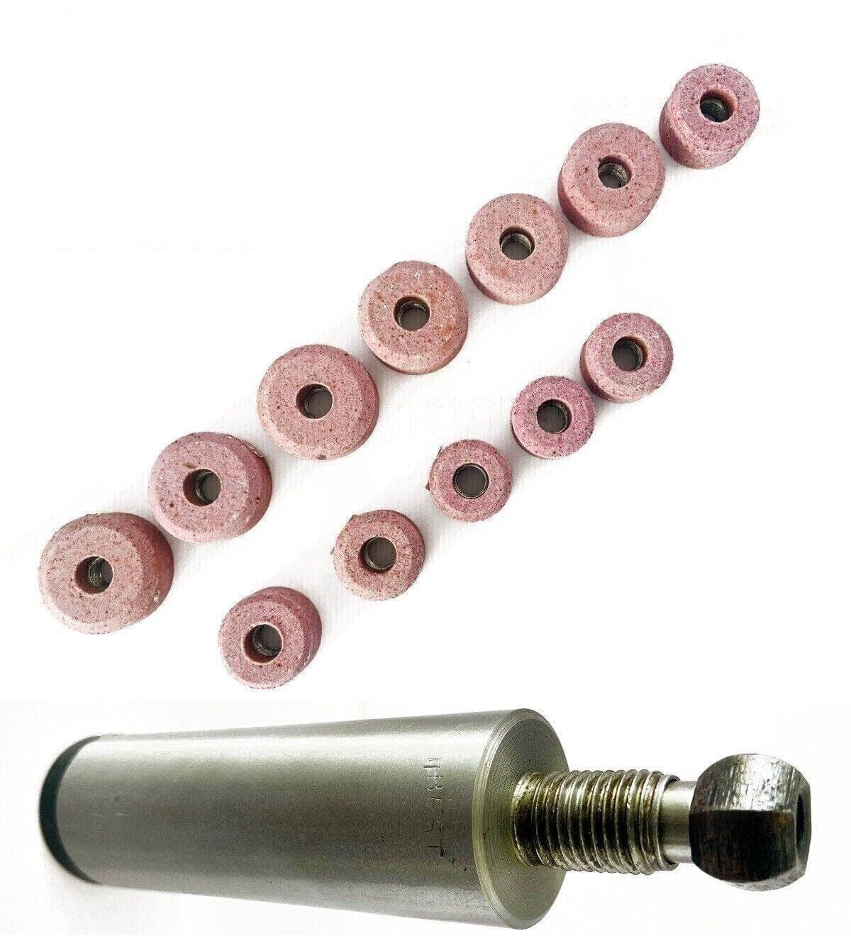 Valve seat grinding stones set with Black and Decker holder for precise engine repairs