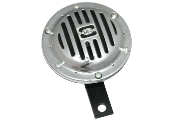 Chrome disc horn with round grille and black mounting bracket