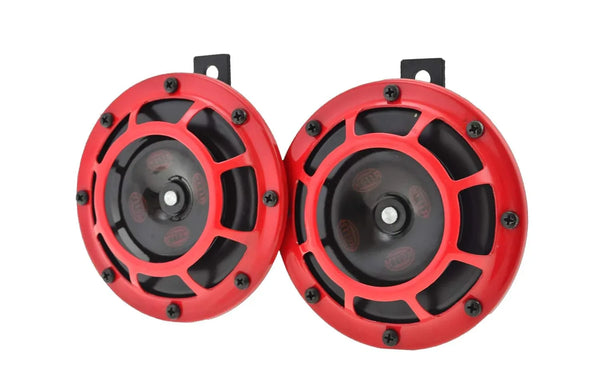 HELLA 12V High Tone / Low Tone Twin Horn Kit Red Protective Grill Free Ship - StellerGear