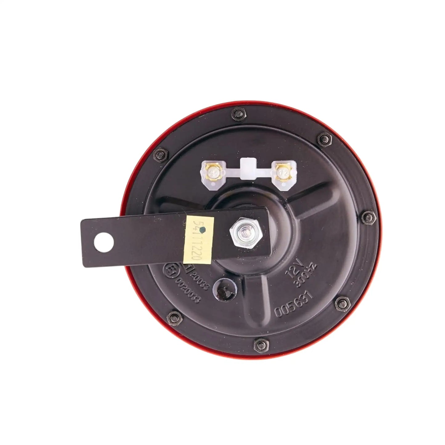 Red car horn rear with terminals, label plate, and metal mounting tab