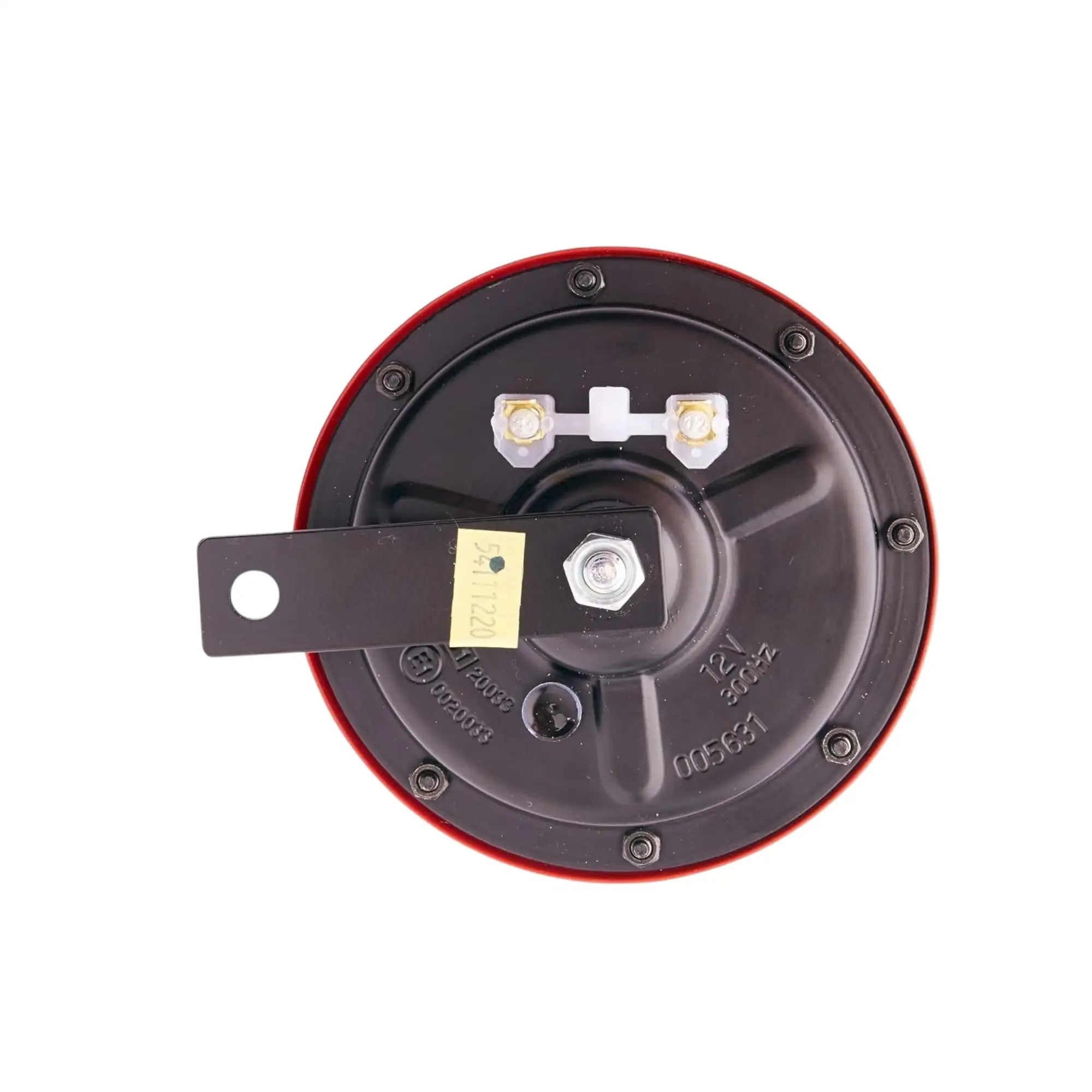 Red car horn rear with terminals, label plate, and metal mounting tab