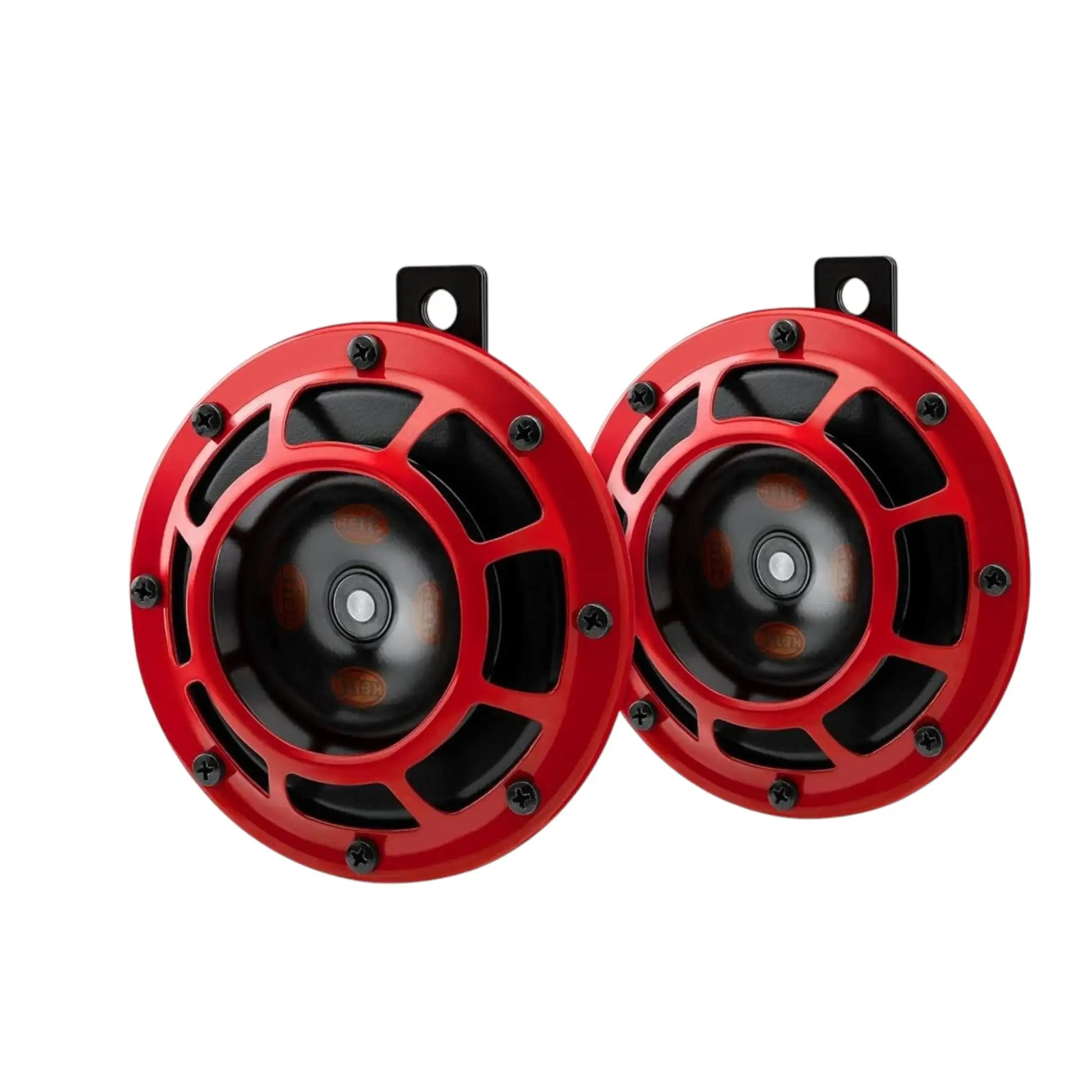 Pair of red car horns with black grille centers and mounting tabs