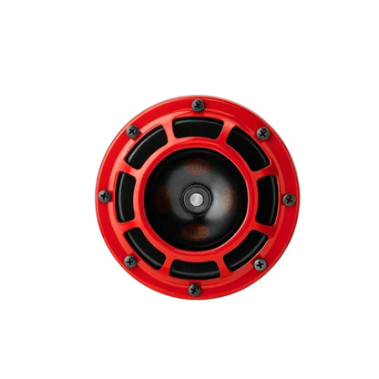 Single red car horn with black grille center and screw-covered outer ring
