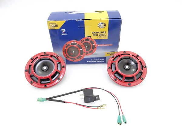Red Grill Supertone Horn Set, durable plastic, includes two horns and wiring, ideal for van horn car dealership.