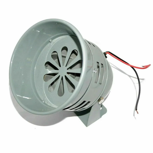 12V military horn siren with round metal housing, radial grille, and red/black wires