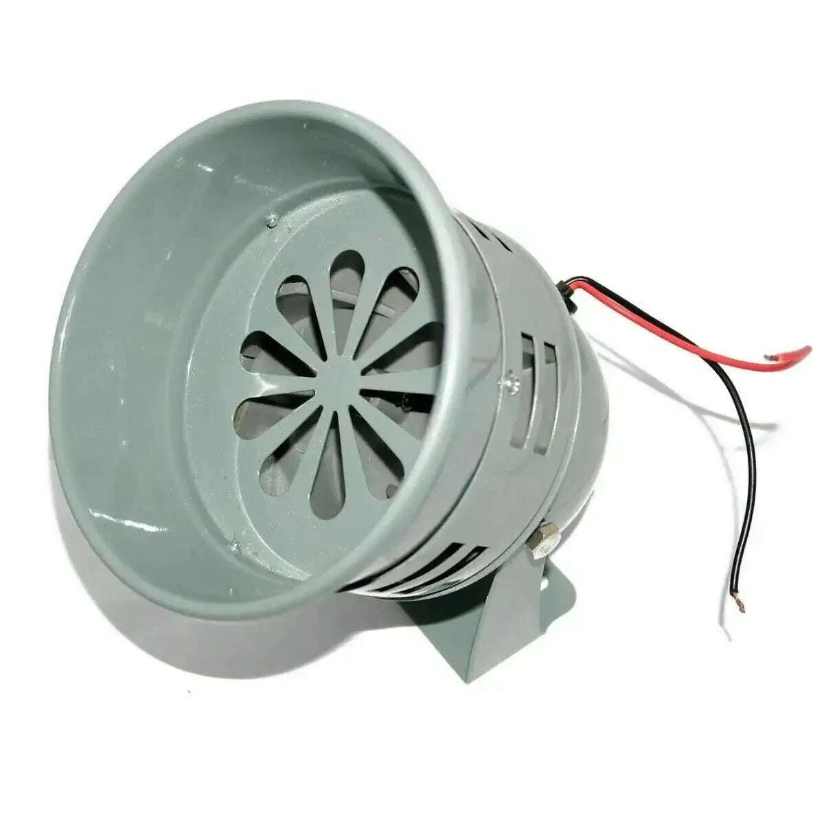 12V military horn siren with round metal housing, radial grille, and red/black wires
