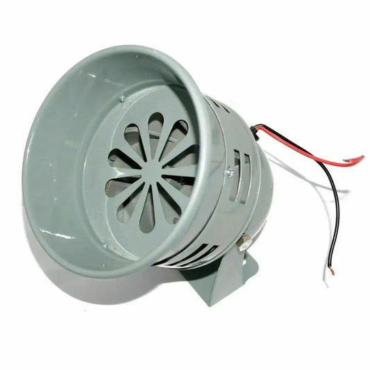 12V military horn siren with round metal housing, radial grille, and red/black wires