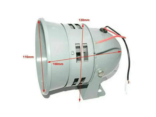 Light gray horn siren with mounting bracket and red/black wire leads