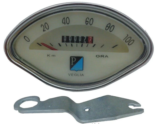 Analog speedometer gauge with km/h scale, ORA VEGLIA, and mounting bracket