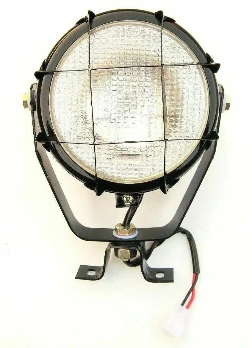 Round black work lamp with protective grill and clear glass lens, metal mounting bracket