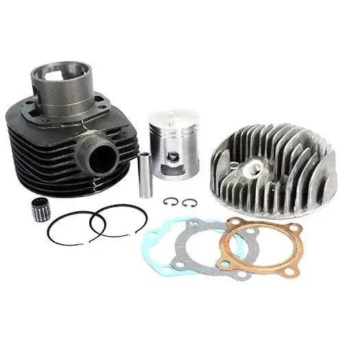 Cylinder piston head kit showing cylinder, piston, finned head, and installation rings