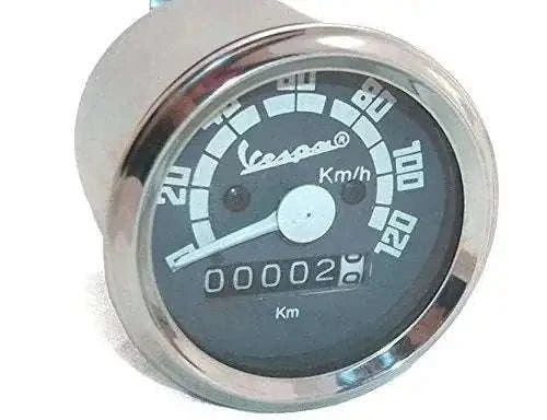Vespa Classic speedometer gauge with black face, km/h scale up to 120, chrome bezel