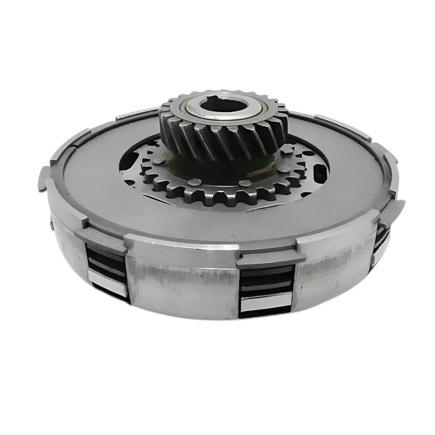 Metal clutch assembly with gear cogs and spring plates