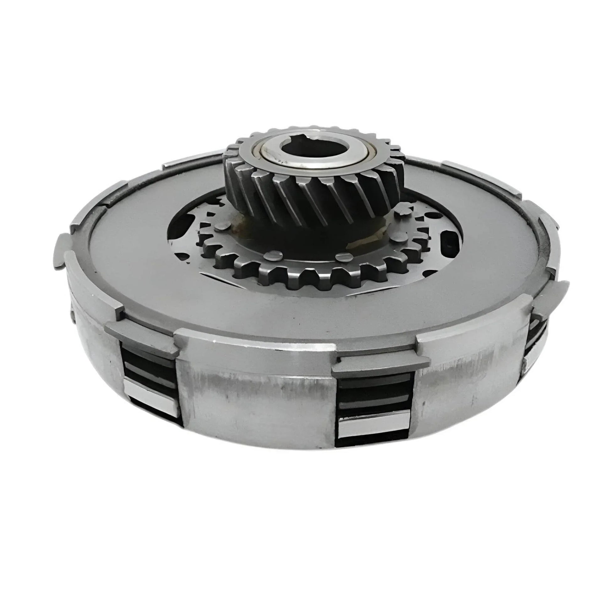 Metal clutch assembly with gear cogs and spring plates