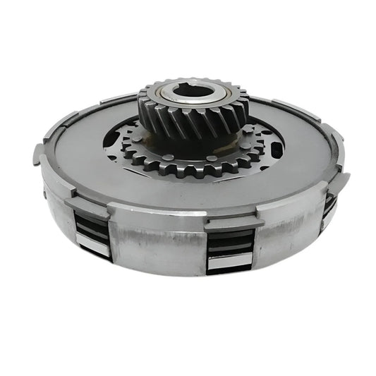 Metal clutch assembly with gear cogs and spring plates